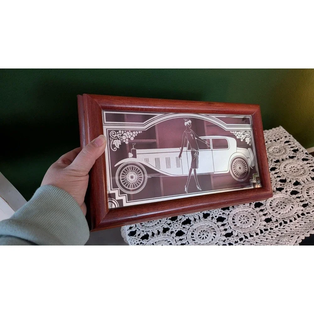 Vintage Wooden Velvet Jewelry‎ Box Art Deco Flapper Car Glass Lid Silver Etching